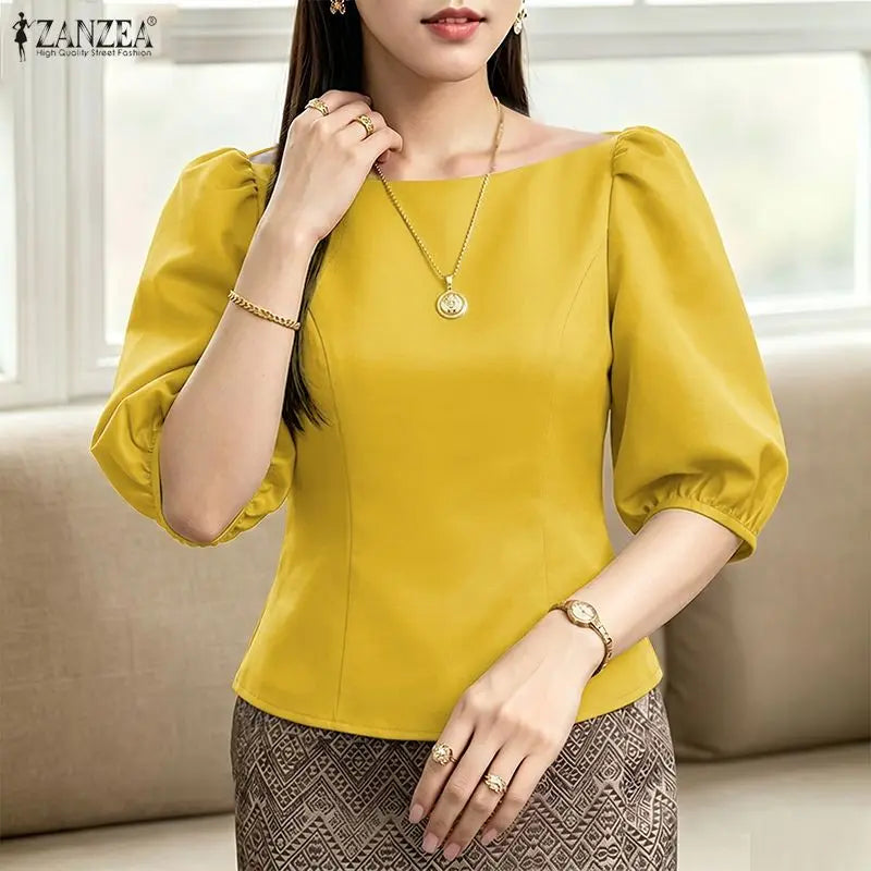 ZANZEA Elegant Princess Seams Satin Blouses Woman Boat Neck Puff Sleeves Solid Color Party Crop Tops Summer Graceful Blusa Mujer