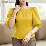 ZANZEA Elegant Princess Seams Satin Blouses Woman Boat Neck Puff Sleeves Solid Color Party Crop Tops Summer Graceful Blusa Mujer