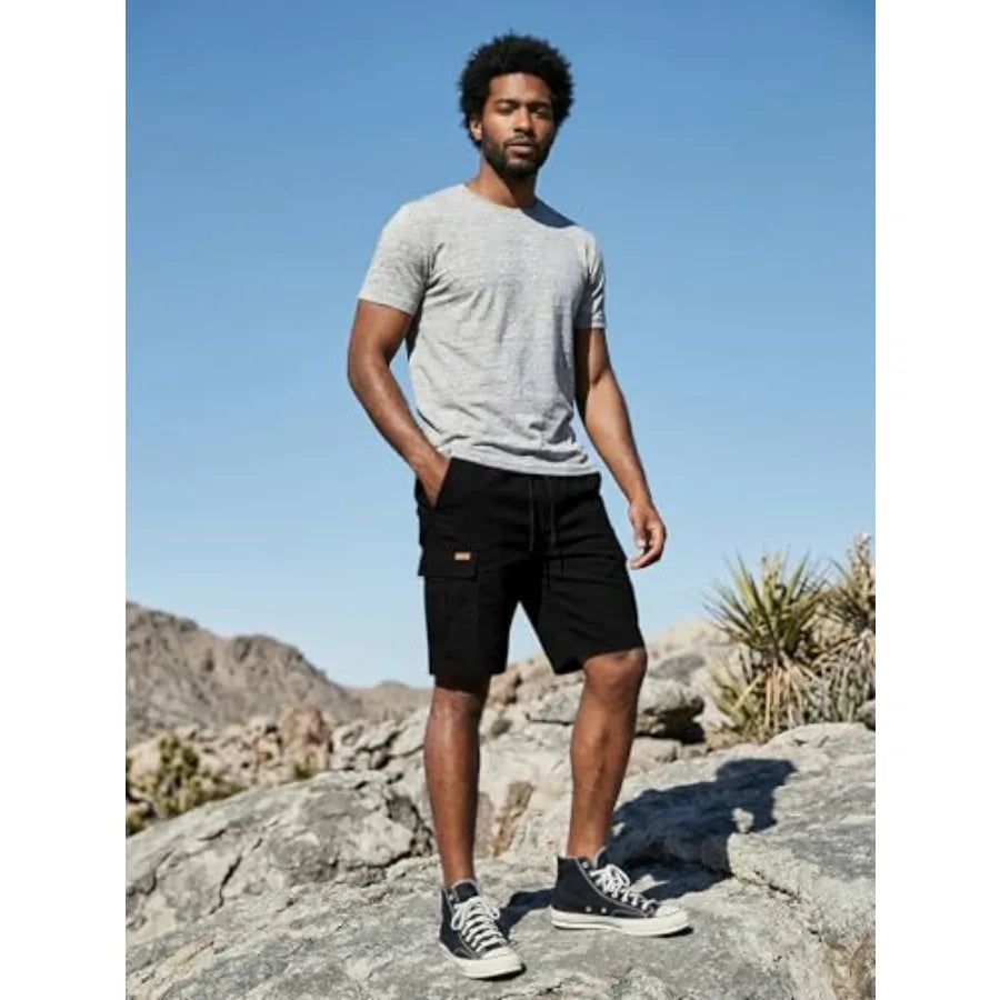 Mens Casual Cotton Twill Cargo Shorts Drawstring Classic Chino Stretch Short with 6 Pockets
