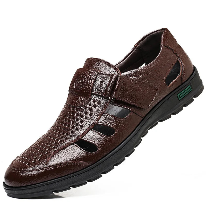 Men's Genuine Leather Sandals Men Summer Hollow Breathable Leather Shoes Mens Casual Soft Comfortable Flats EU Sizes 38-48