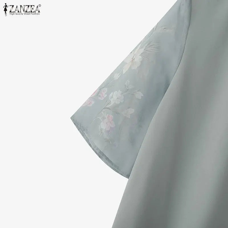 ZANZEA Summer 2026 Women's Elegant Blouses Turn-Down Collar Half-Zip Floral Print 3/4 Sleeves Patchwork Shirts Woman Clothes 3XL