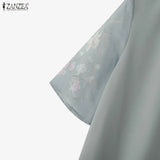 ZANZEA Summer 2026 Women's Elegant Blouses Turn-Down Collar Half-Zip Floral Print 3/4 Sleeves Patchwork Shirts Woman Clothes 3XL
