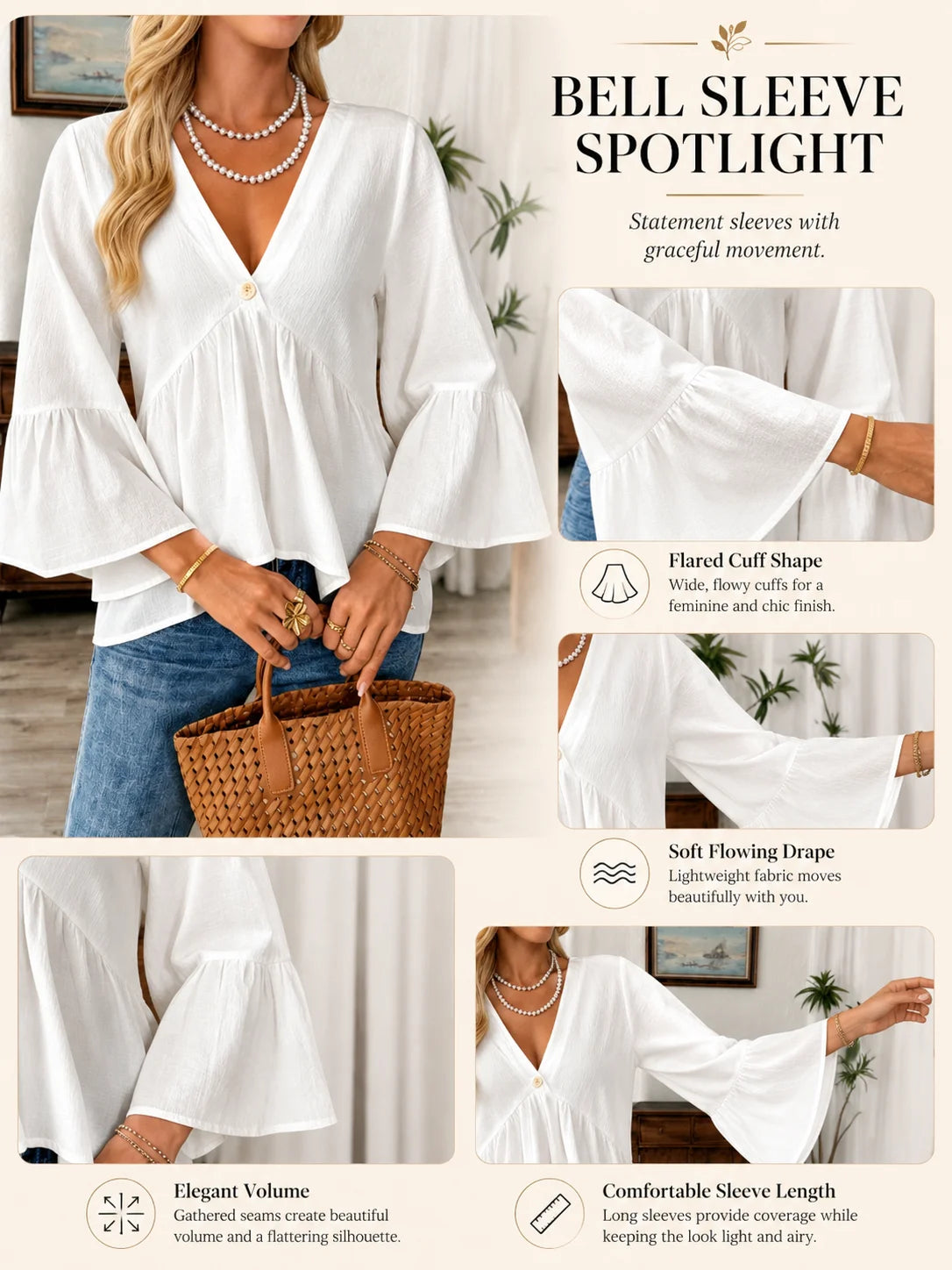 V Neck Bell Sleeve Blouses for Women Loose Fit Babydoll Tunic Tops Single Button Pleated Flowy Shirts Casual Daily Office Going‑Out Tunic