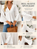 V Neck Bell Sleeve Blouses for Women Loose Fit Babydoll Tunic Tops Single Button Pleated Flowy Shirts Casual Daily Office Going‑Out Tunic
