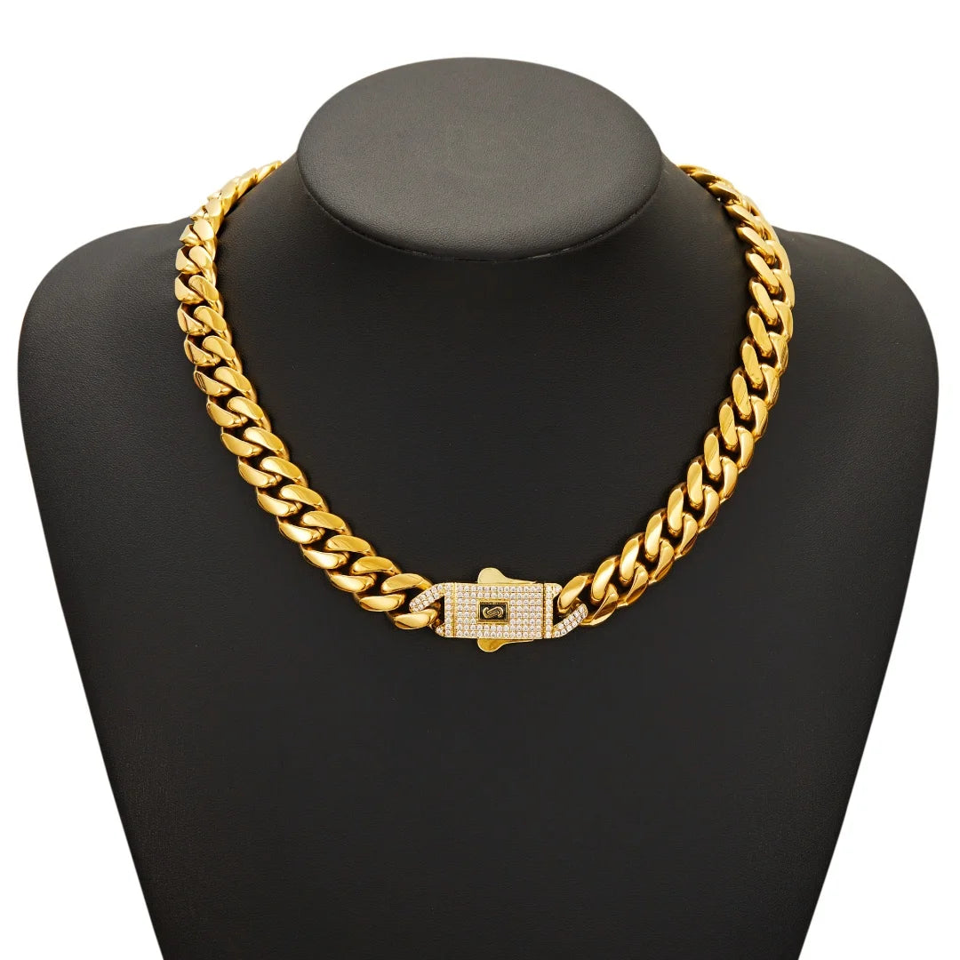 18K Gold Plated Cuban Link Chain Necklace for Men, 12/14mm Wide Miami Curb Chain Hip Hop Jewelry with Iced Out CZ Clasp, Luxury Streetwear Gold Chain Accessory for Party, Daily Wear, Birthday Gift