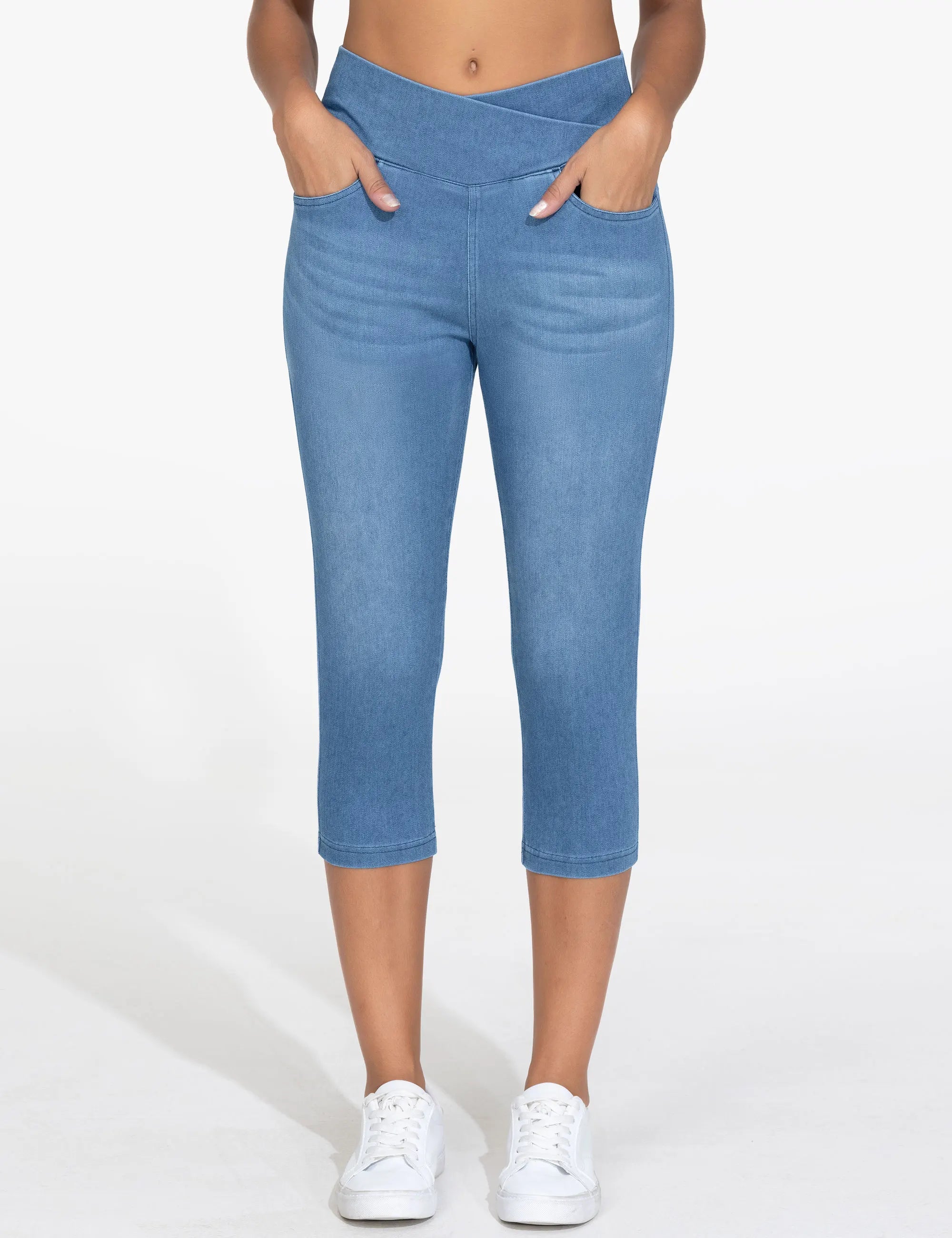 THE GYM PEOPLE Women's Cross Waisted Stretchy Capri Denim Jeggings Tummy Control Skinny Jean Leggings with Pockets