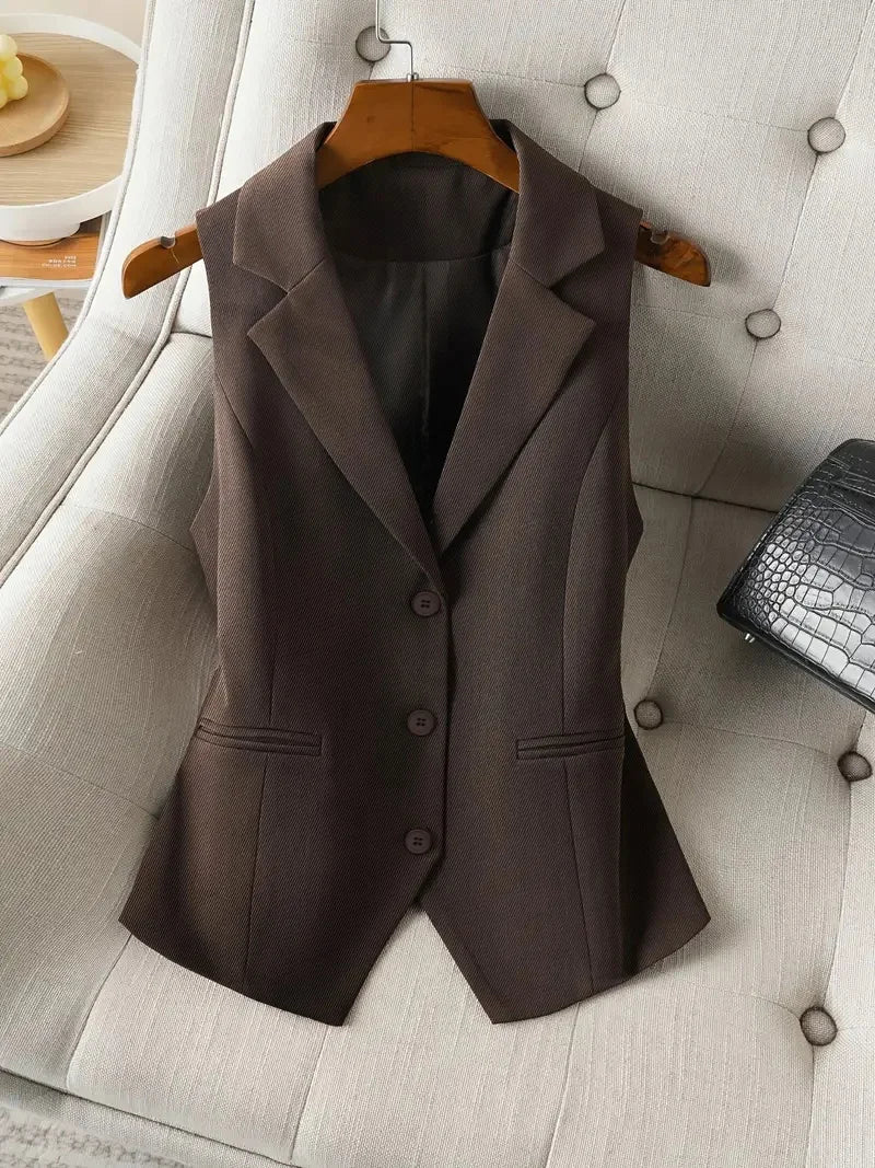 Vintage Women's Brown Custom Waistcoat Sleeveless Lapel Suit Vest Daily Commute Button Slim Design, Casual All Fold Wear