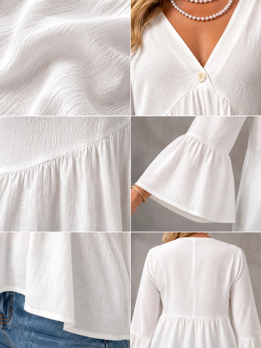 V Neck Bell Sleeve Blouses for Women Loose Fit Babydoll Tunic Tops Single Button Pleated Flowy Shirts Casual Daily Office Going‑Out Tunic