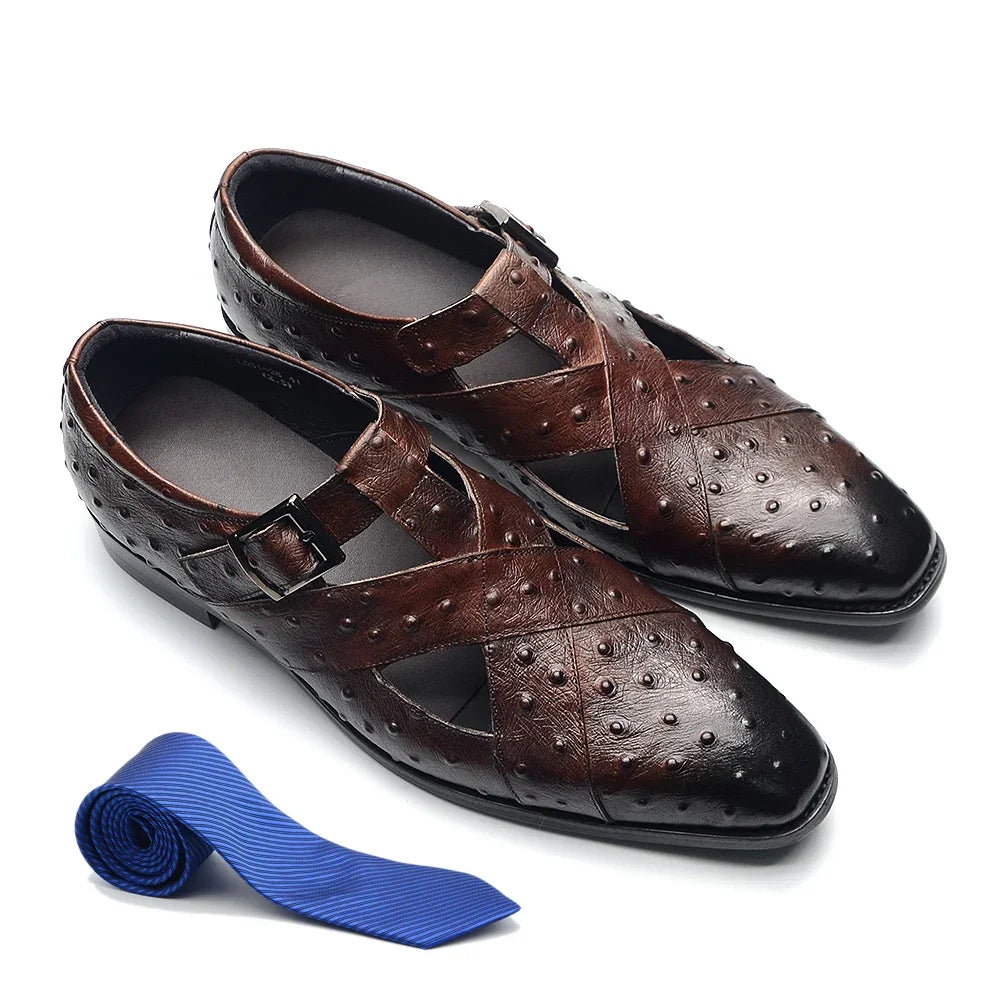 Rome Style Men's Sandals Genuine Cow Leather Summer Buckle Strap Hollow Out Casual Business Wedding Dress Shoes Men Open Shoes