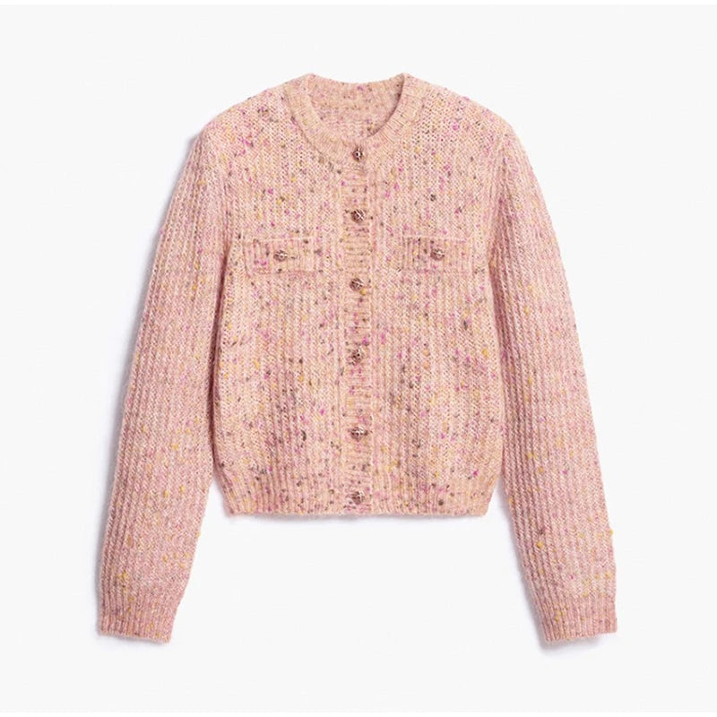 Chic Speckled Knit Cardigan Round Neck Shoulder Pads Long Sleeve Single Breasted Patch Pockets Daily Women Top 2026 Autumn Tops