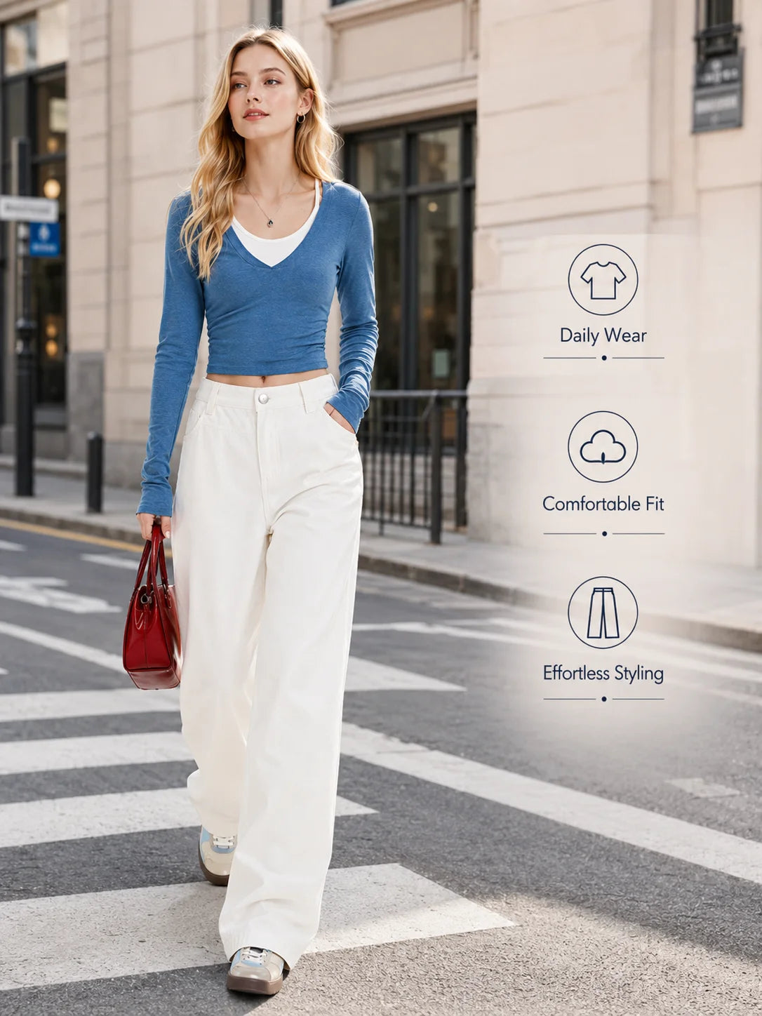 Women's White Wide Leg Jeans, High Waist Loose Baggy Denim Pants Casual Solid Color Full Length Palazzo Trousers with Pockets for Daily Street Shopping