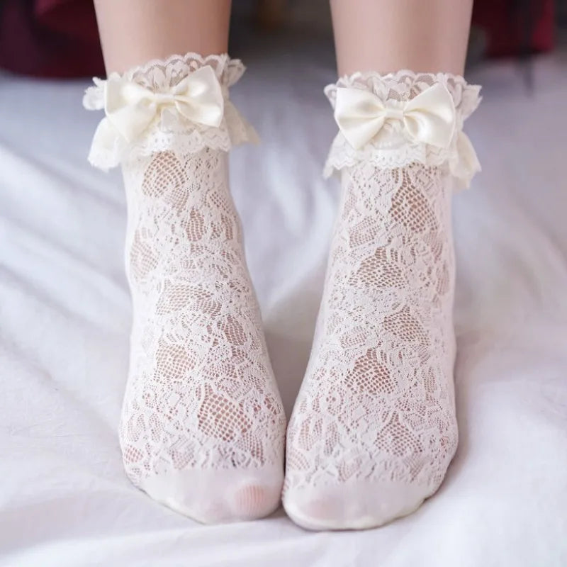 New Design Lace Socks Japanese Style Lolita Kawaii Sock Women's Summer Mesh Breathable Fishnet Socks Sweet Ballet Cute Bow Socks
