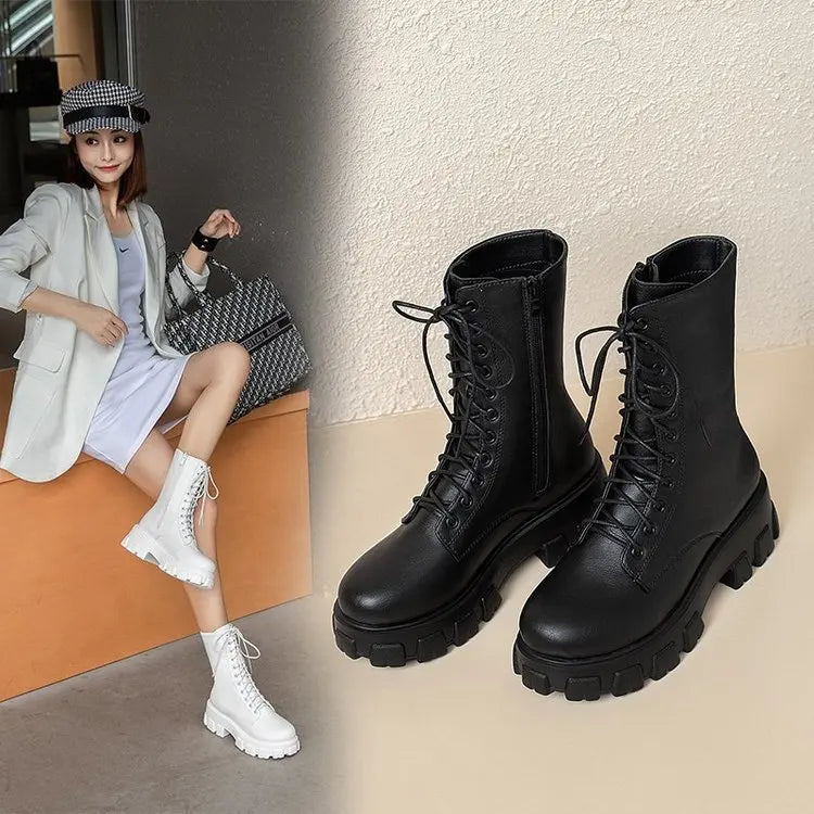 Platform Women's Ankle Boots Autumn 2023 Black White Thick Bottom Motorcycle Botas Mujer Pu Leather Non-Slip Combat Boots Women