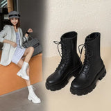 Platform Women's Ankle Boots Autumn 2023 Black White Thick Bottom Motorcycle Botas Mujer Pu Leather Non-Slip Combat Boots Women