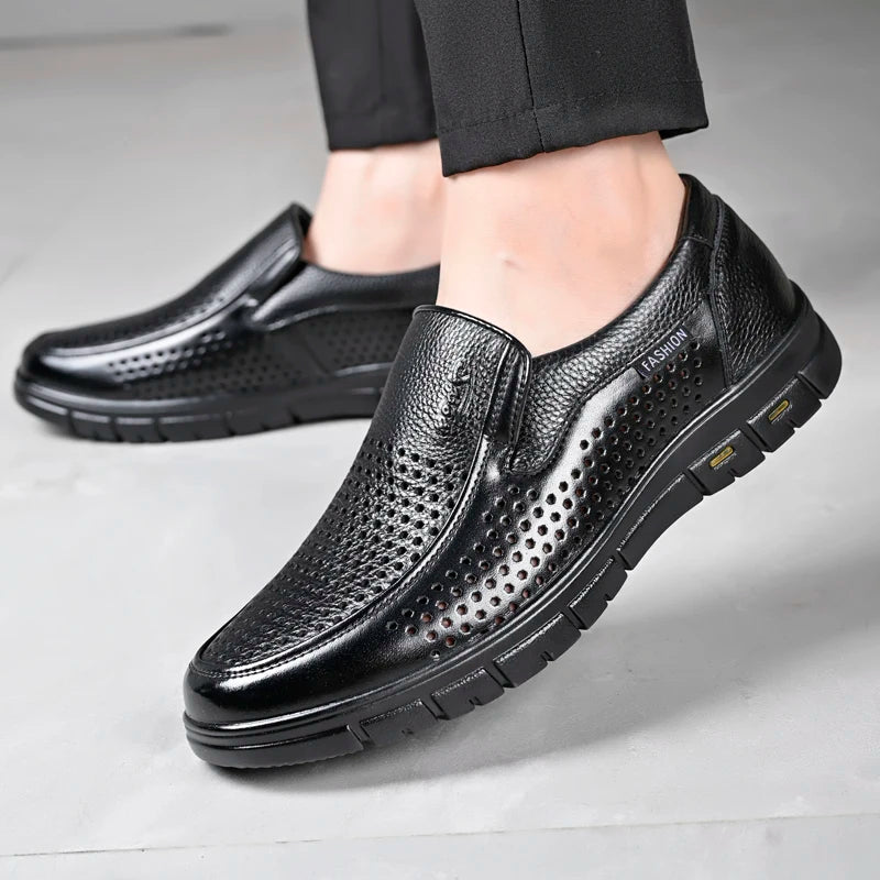 Men's Genuine Leather Sandals Men Summer Hollow Breathable Leather Shoes Mens Casual Soft Comfortable Flats EU Sizes 38-48