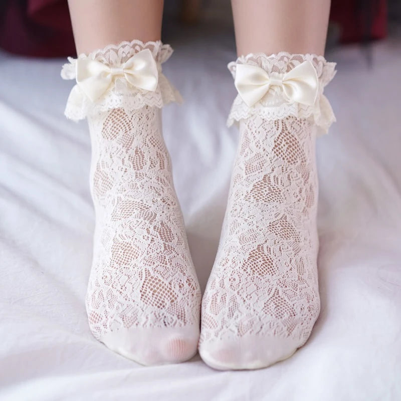 New Design Lace Socks Japanese Style Lolita Kawaii Sock Women's Summer Mesh Breathable Fishnet Socks Sweet Ballet Cute Bow Socks