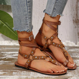 Rome Women Shoes 2026 Summer Hot Sale Women's Sandals Retro Ankle Buckle Rivet Flat Sandals British Style Plus Size Lady Shoes