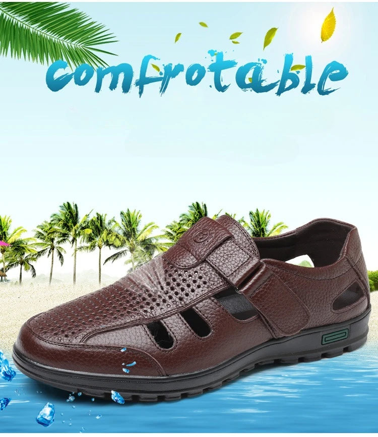 Men's Genuine Leather Sandals Men Summer Hollow Breathable Leather Shoes Mens Casual Soft Comfortable Flats EU Sizes 38-48