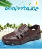 Men's Genuine Leather Sandals Men Summer Hollow Breathable Leather Shoes Mens Casual Soft Comfortable Flats EU Sizes 38-48