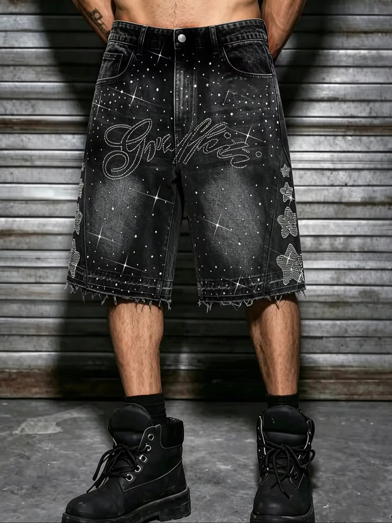 Men's denim shorts, rhinestone non-stretch shorts with studs, summer 2026 new style, Y2K shorts, men's outfit