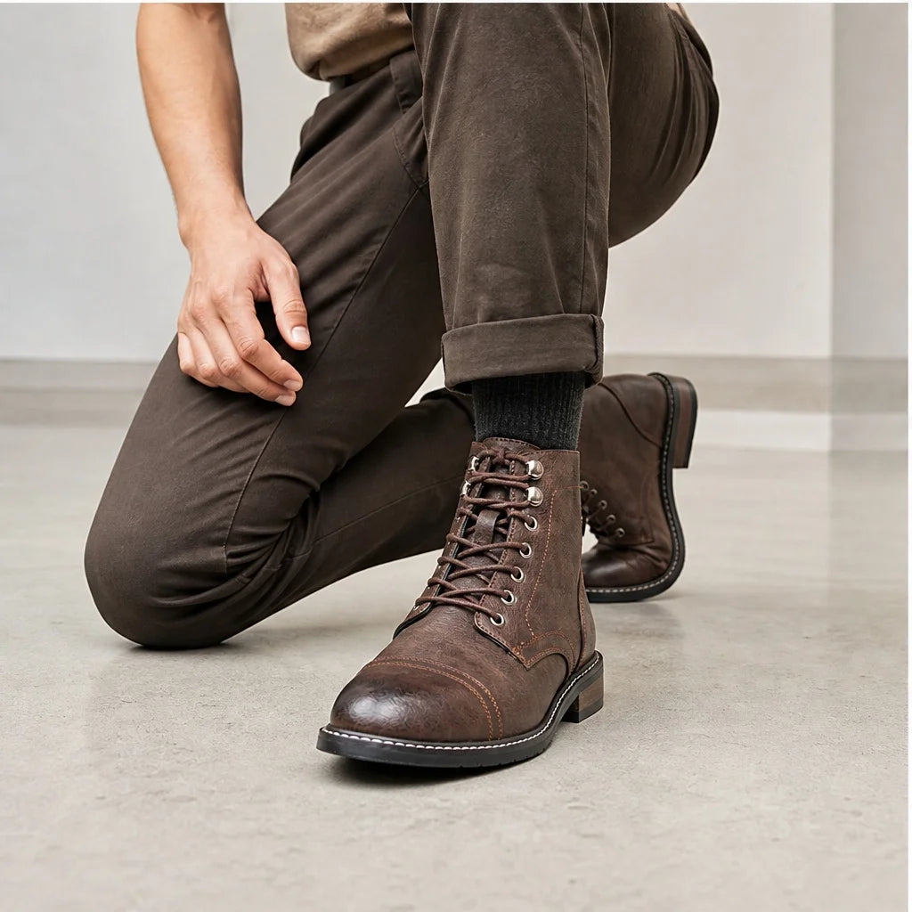 CAPTAIN ANKLE BOOTS Men's Vintage Combat Boots Lace-Up Cap Toe Ankle BOOTS
