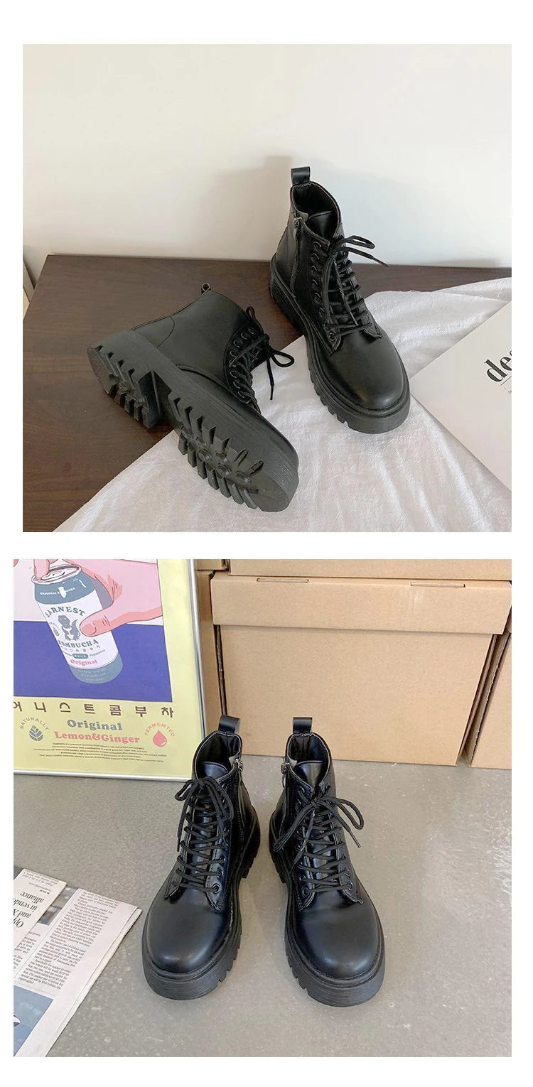 Plus Size 42 43 Women Motorcycle Ankle Boots Wedges Female Lace Up Platforms Black Leather Oxford Shoes Woman 2022 Botas Mujer