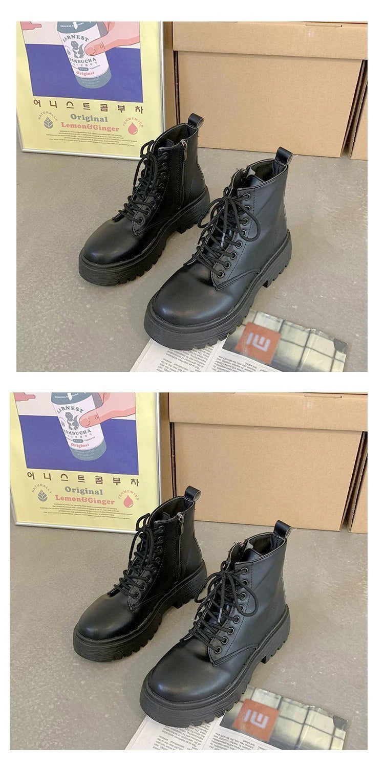 Plus Size 42 43 Women Motorcycle Ankle Boots Wedges Female Lace Up Platforms Black Leather Oxford Shoes Woman 2022 Botas Mujer