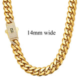 18K Gold Plated Cuban Link Chain Necklace for Men, 12/14mm Wide Miami Curb Chain Hip Hop Jewelry with Iced Out CZ Clasp, Luxury Streetwear Gold Chain Accessory for Party, Daily Wear, Birthday Gift