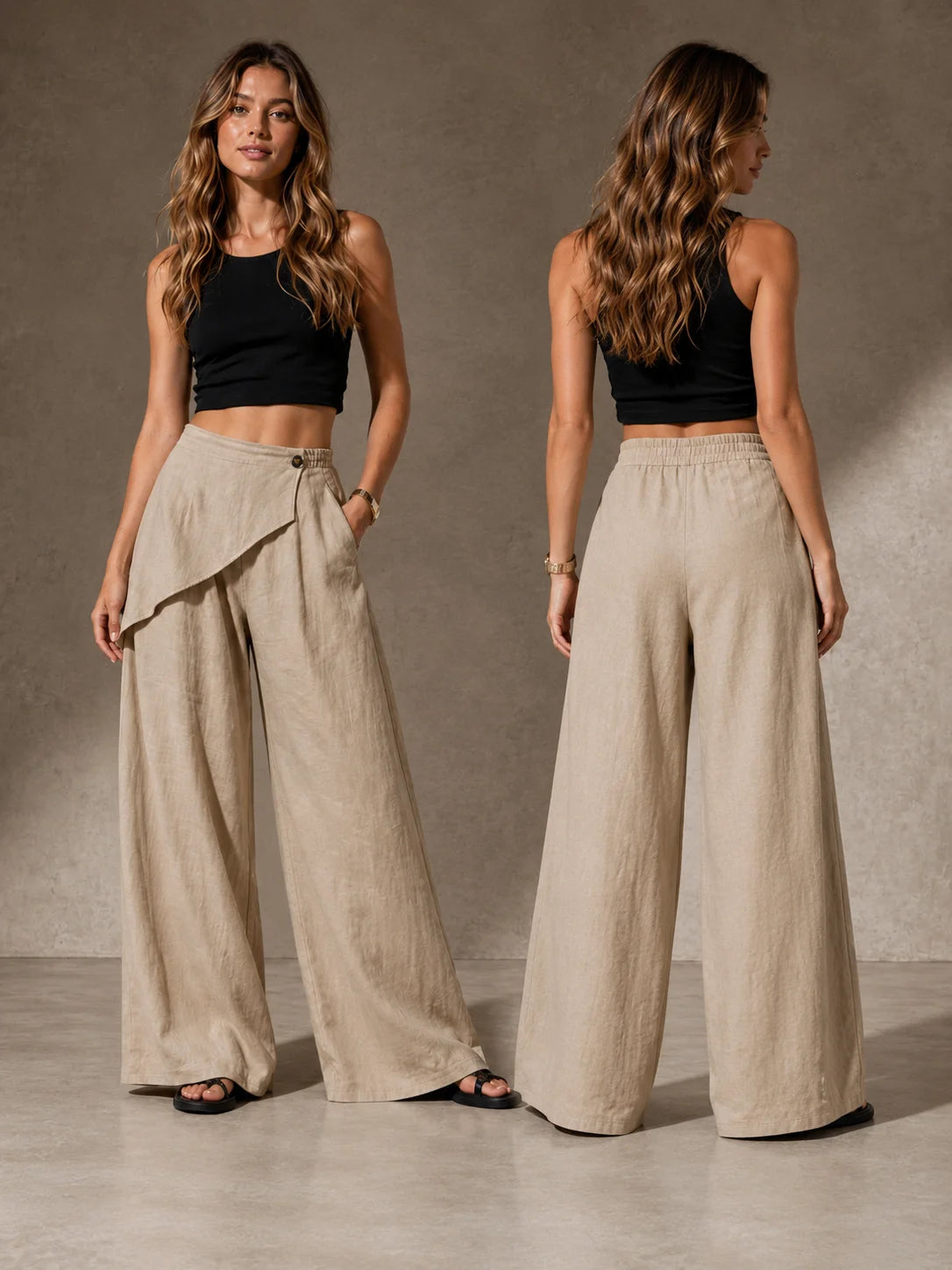 Women Wrap Front Linen Wide Leg Pants, High Waist Elastic Back Waist Culottes with Pockets, Casual Loose Fit Trousers for Summer Beach Daily Streetwear