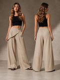 Women Wrap Front Linen Wide Leg Pants, High Waist Elastic Back Waist Culottes with Pockets, Casual Loose Fit Trousers for Summer Beach Daily Streetwear