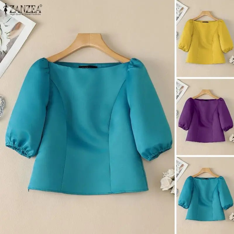 ZANZEA Elegant Princess Seams Satin Blouses Woman Boat Neck Puff Sleeves Solid Color Party Crop Tops Summer Graceful Blusa Mujer