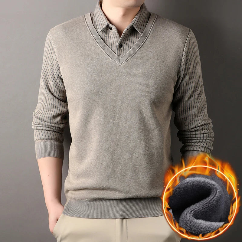 Men's Vintage Sweater Business Casual Pullover Slim Fit Fleece Lined Clothes Fake Two Pieces Knitted Sweaters