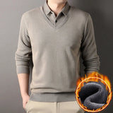 Men's Vintage Sweater Business Casual Pullover Slim Fit Fleece Lined Clothes Fake Two Pieces Knitted Sweaters