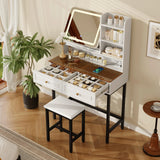Luxury Makeup Vanity Desk with 3-Color LED Mirror and Stool, Adjustable Length Vanity Table with Movable Side Cabinet