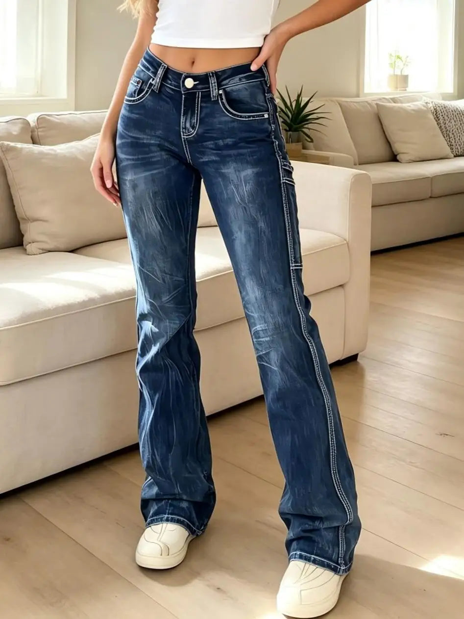 【HME】Jeans | Women Contrast Stitching Denim Pants, Mid‑Rise Flare Workwear Jeans, Star Embroidered Back Pockets, Side Cargo Patch Pockets, Wrinkle Cat‑Whisker Wash, Dark Blue & Black‑Grey Two‑Tone, American Y2K Re