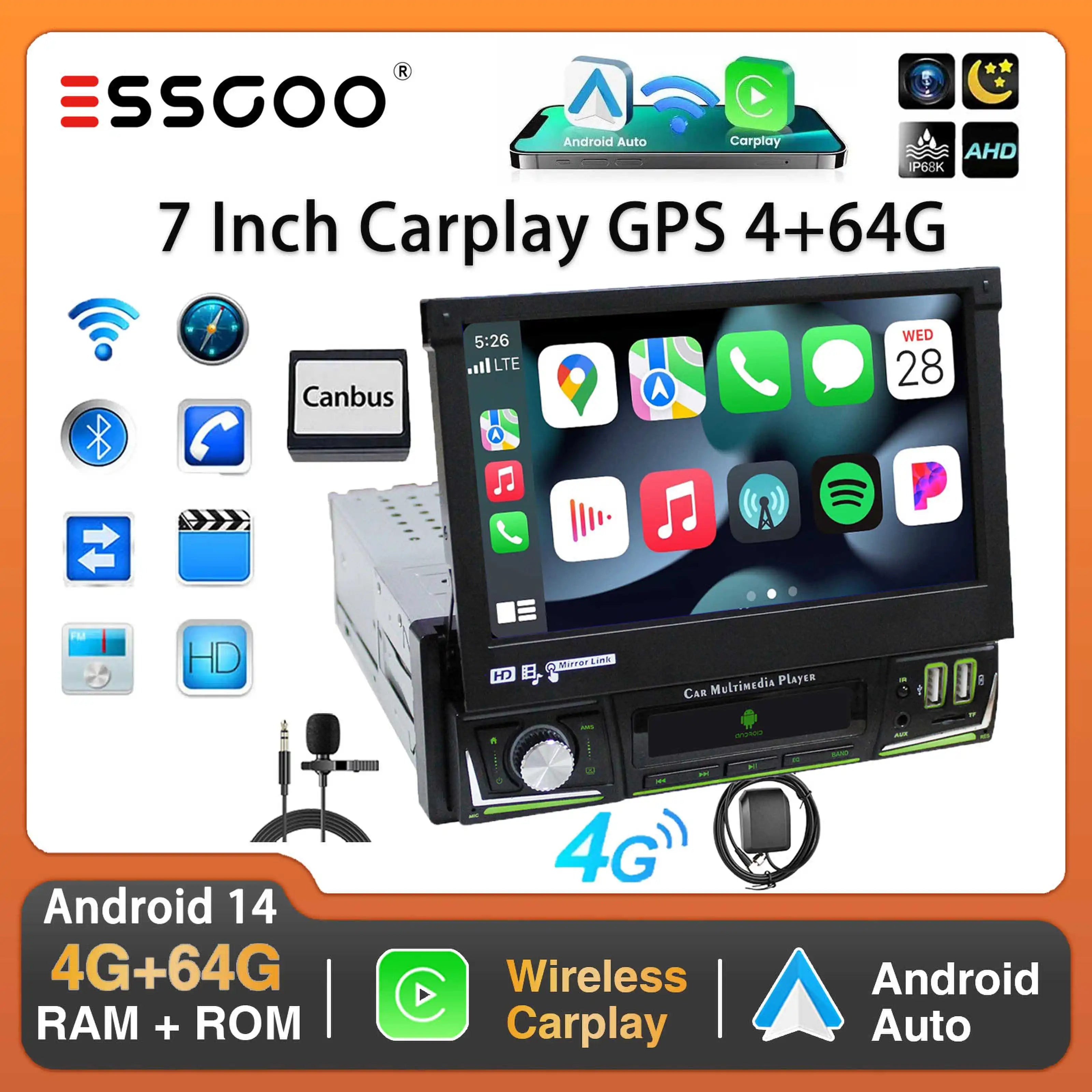 7Inch Single DIN 64G Flip Out Car Stereo Radio Carplay Android Auto Radio Bluetooth Touch Screen MP5 Player Head Unit GPS