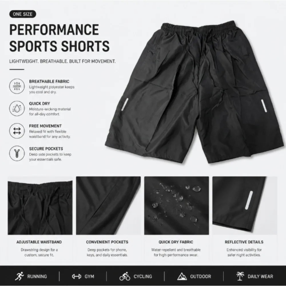 One Size Men Polyester Quick Dry Athletic Shorts Elastic Drawstring Zipper Pockets Jogging Workout Running Sport Shorts