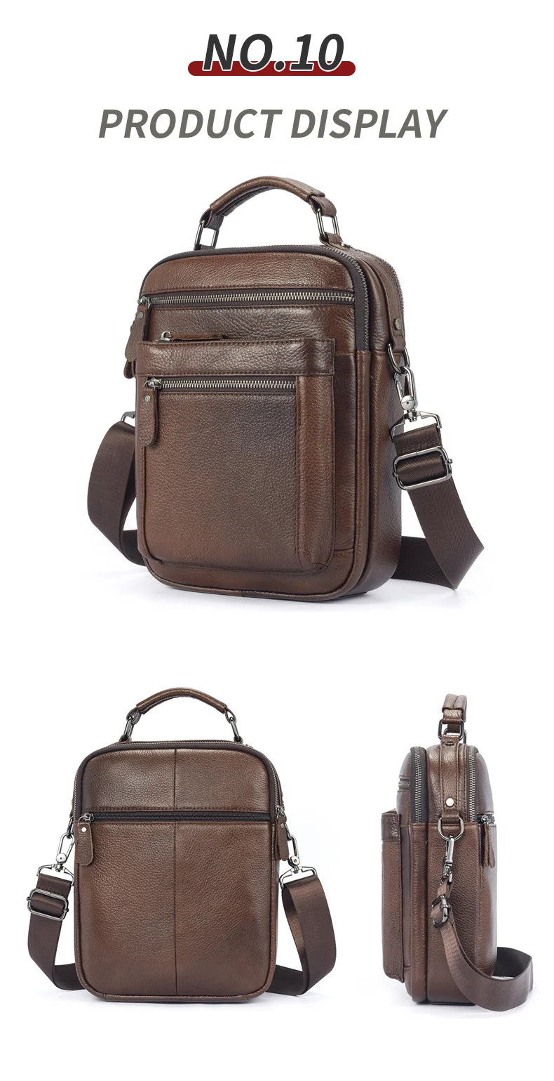 LION VERA Men's Shoulder Bag Casual Mobile Phone Zipper Bag Large Capacity Business Genuine Leather Travel Crossbody Bag