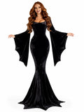 Women Gothic Velvet Mermaid Maxi Dress Bat Flared Long Sleeve Bodycon Gown Dark Witch Vampire Costume Halloween Cosplay Party Outfit