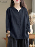 Vintage Women Blouse Autumn Long Sleeve Shirt Female V Neck Work Holiday Blusas ZANZEA Casual Solid Loose Shirt Cotton Chemise
