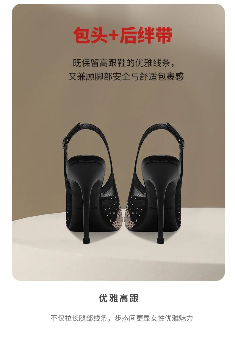 New Baotou Sexy Sandals with One Buckle and Summer Mesh, Rhinestone High Heels for Women, Slim Heels, Shallow Mouth