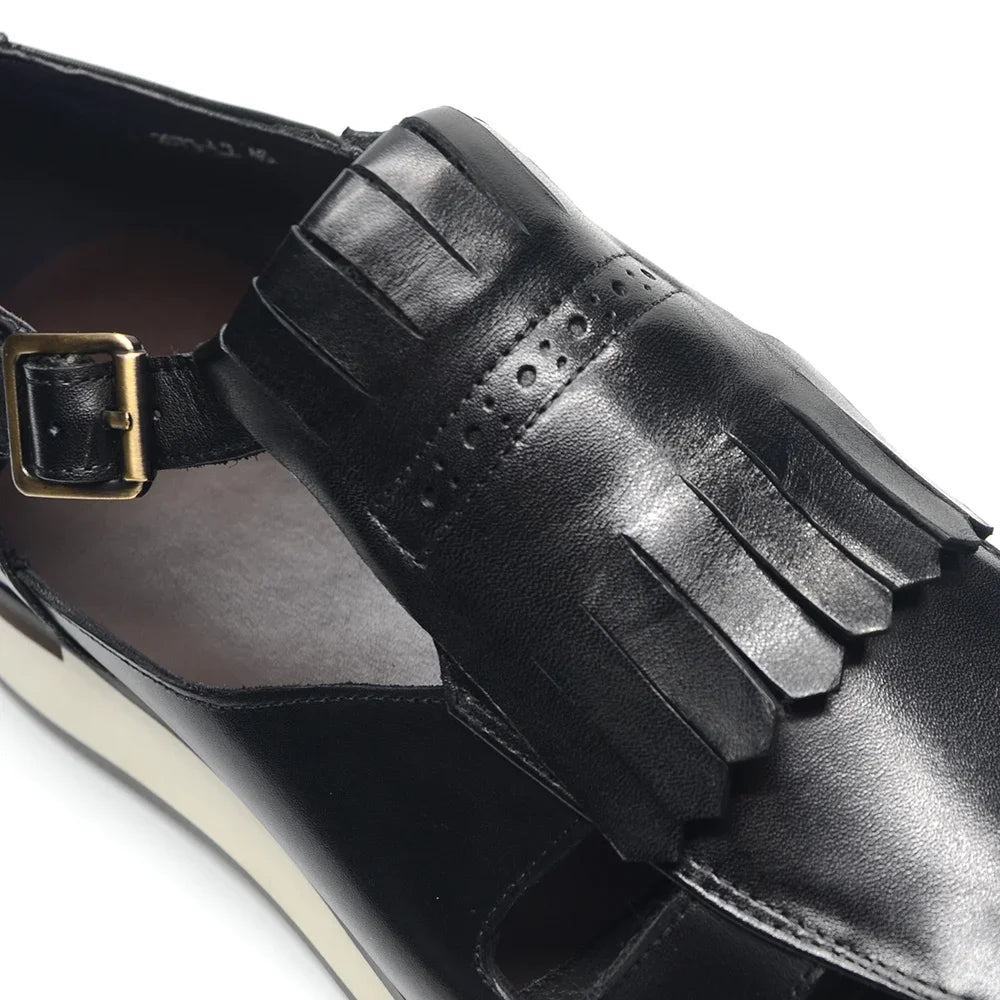 Classy Trending Mens Tassel Sandals Genuine Leather Buckle Strap Hollow Out Summer Casual Shoes for Men Comfortable Breathable
