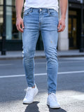Slim Fit Jeans Men Sky Blue Fine Distressed Hole Design Jeans Versatile Mid Waist All Season Pants Urban Daily Matching Casual Long Trousers