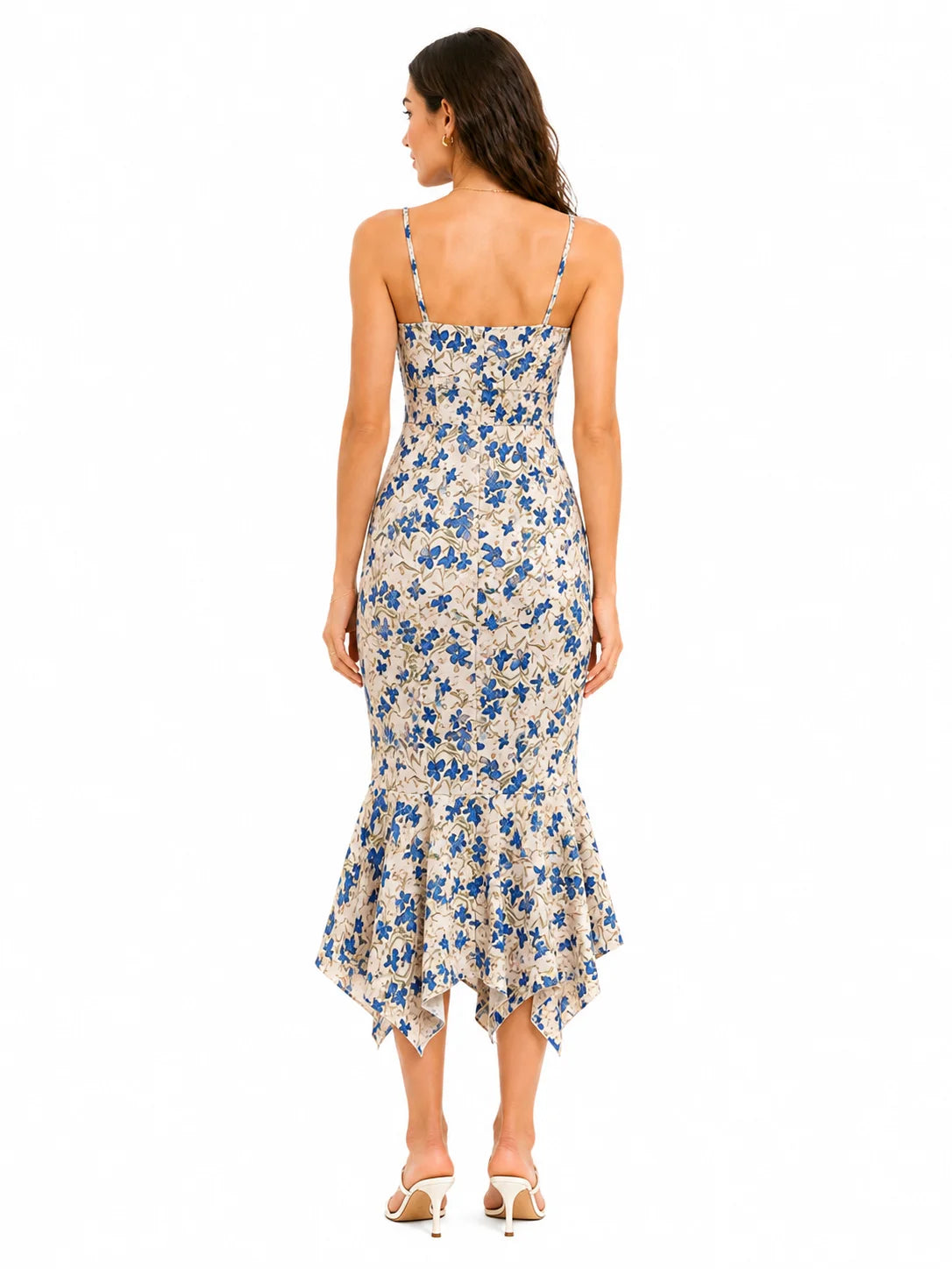Floral Print Spaghetti Strap Maxi Dress for Women, V Neck Front Drawstring Bodycon Midi Long Dress, Slim Fit Split Hem Summer Beach Vacation Party Sundress