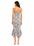 Floral Print Spaghetti Strap Maxi Dress for Women, V Neck Front Drawstring Bodycon Midi Long Dress, Slim Fit Split Hem Summer Beach Vacation Party Sundress