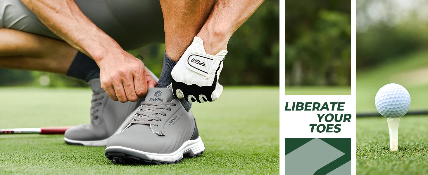 FitVille Men's Wide Toe Box Spiked Golf Shoes, Water‑Resistant Stable Anti‑Slip Outsole, Built‑In Arch Support Lightweight Comfort Golfing Sneakers