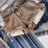 Rough Edge Sexy Denim Shorts 2026 Summer New Brown High Waist Hot Pants Jeans