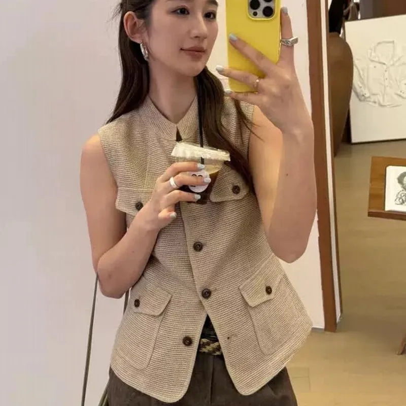 Summer Female Hollow Out O Neck Vest New Women Single Breasted Leisure Vests Fashion Thin Sleeveless Jacket Solid Color Tank Top