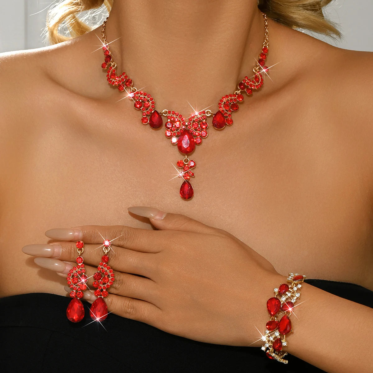 Luxury Red Crystal 3Pcs Jewelry Set Women's Gold Rhinestone Necklace Earrings Bracelet Bridal Wedding Party Accessories