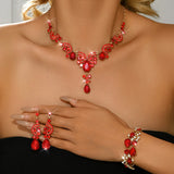 Luxury Red Crystal 3Pcs Jewelry Set Women's Gold Rhinestone Necklace Earrings Bracelet Bridal Wedding Party Accessories